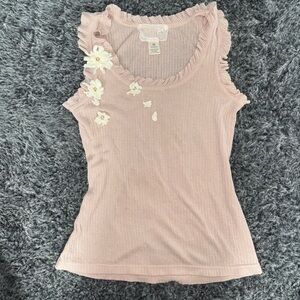 Nick & Mo Sleeveless Pink Ruffle Trim Tank with Floral Appliqué